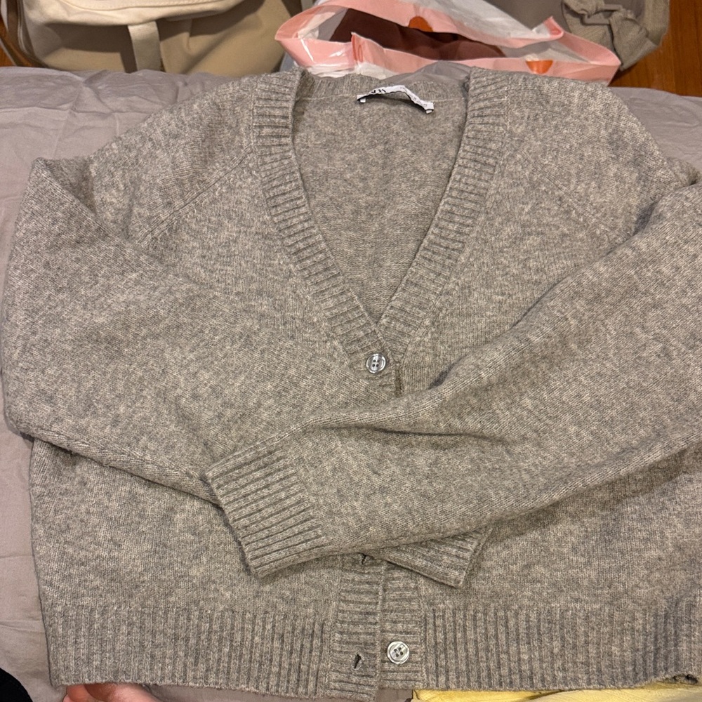 Zara Gray V-Neck Button Cardigan Sweater